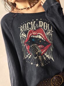 Bohemela Women's Autumn Casual Red Lip Print Asymmetric Collar Sweatshirt - Black - View 2