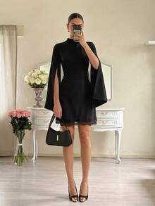 Firerie Women's Solid Color Stand Collar Split Sleeve Lace Hem Elegant Short Dress - Black - View 5