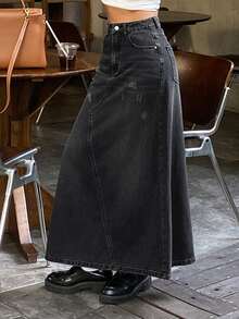 DAZY Women's Straight Long Casual Denim Skirt - Black - View 6