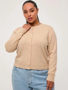 SHEIN BASICS 休閒純色長袖開襟針織衫，大尺碼秋冬服飾 - 杏色 - 查看 5