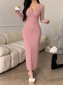 DAZY Ditsy Floral Fitted Deep V-Neck Ruched Long Nightgown - Pink - View 5