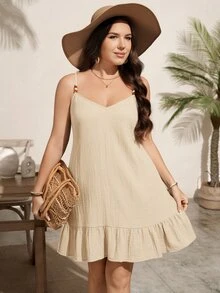 SHEIN LUNE 大尺碼女款純色串珠肩帶洋裝 度假海灘蜜桃色夏季波希米亞休閒風 - 杏色 - 查看 6