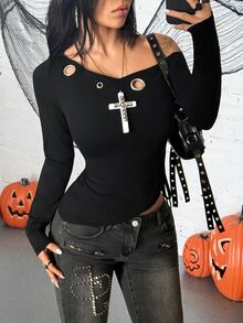 Jeanoix Women's Y2K Alternative Style Long-Sleeved Autumn Halloween Hollowed-Out Off-Shoulder Sexy Black Top With Ruched Irregular Handkerchief Hem. - Black - View 5