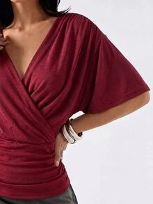 SHEIN EZwear 大尺碼女款純色百褶休閒百搭日常T恤 - 酒紅色 - 查看 5