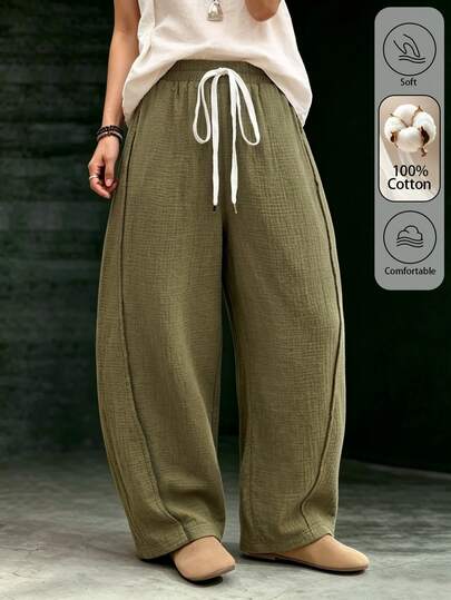 Omancia Pantalones largos casuales y holgados estilo linterna para mujer con pliegues de burbuja, tela texturizada de algodón y lino, cintura elástica con cordón, diseño de paneles laterales, favorecedores y estilo japonés relajado para ir al trabajo, uso diario y hogar