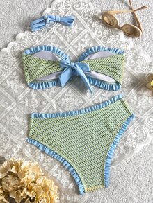 Swim Mod Teenage Polka Dot Print Ruched Bandeau Bikini Top With High Waist Ruffled Triangle Bottoms Women's Swimwear Set - Multicolor - View 2