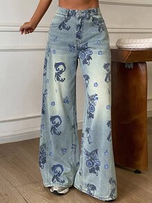 DAZY Women's Floral Print Straight Leg Street Casual Denim Jeans Summer Everyday Blue Floral - Light Wash - View 1