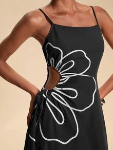 Travachic Floral Embroidered Side Tie Waist Cami Dress For Vacation - Black - View 8