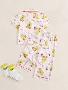 LOONEY TUNES X SHEIN Baby Girl Letter Cartoon Print Short Sleeve Top And Long Pants Casual Daily Home Sleepwear Set - Multicolor - View 2