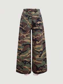 SHEIN 青少年女孩迷彩牛仔寬鬆長褲 - 軍綠色 - 查看 2