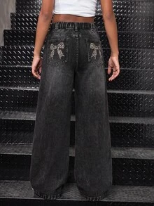 Tween Girl Y2k Fashion Casual Leopard Print Bow Pattern Black Denim Loose Jeans For Black To School - Black - View 7