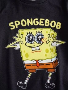 SpongeBob SquarePants | SHEIN Young Boy Cartoon Print Short Sleeve Top And Fitted Long Pants Loungewear Set - Black - View 4