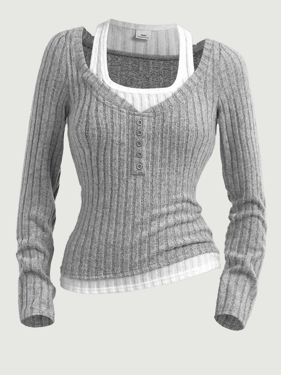SHEIN Camiseta de manga larga gris con patchwork y acanalado para niña preadolescente - Gris - Ver 1