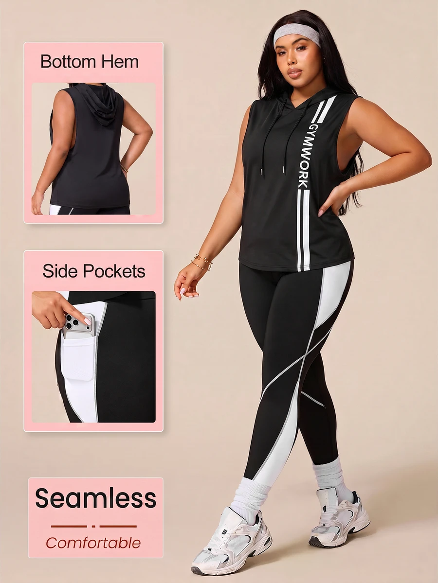 SHEIN Rhythm Era طقم نسائي مقاس كبير مطبوع عليه حروف مع توب بدون أكمام بقلنسوة ورباط وسروال ضيق - متعدد الألوان - مشاهدة 1