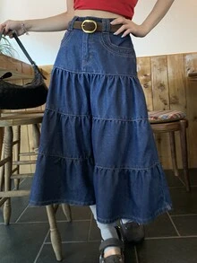 DAZY Rok Denim Multilayer Kasual Wanita untuk Musim Gugur - Biru - View 3