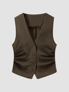 SHEIN EZwear Áo vest công sở nữ màu trơn xếp ly cho mùa Thu/Đông - màu nâu - Xem 1