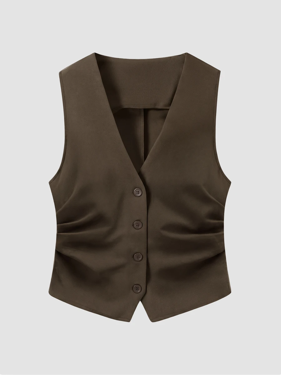 SHEIN EZwear Áo vest công sở nữ màu trơn xếp ly cho mùa Thu/Đông - màu nâu - Xem 1