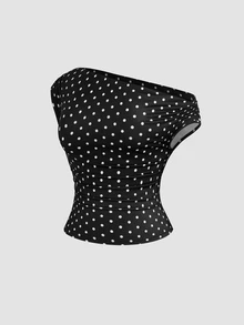 Sweetra Plus Size Early Autumn Ribbed Watermark Polka Dot Asymmetric Neckline Fitted Top And Bodycon Mini Skirt 2 Pieces Set - Black and White - View 6