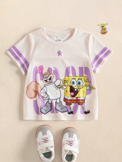 SpongeBob SquarePants | SHEIN Young Girl Letter Cartoon Print Casual Daily Short Sleeve T-Shirt