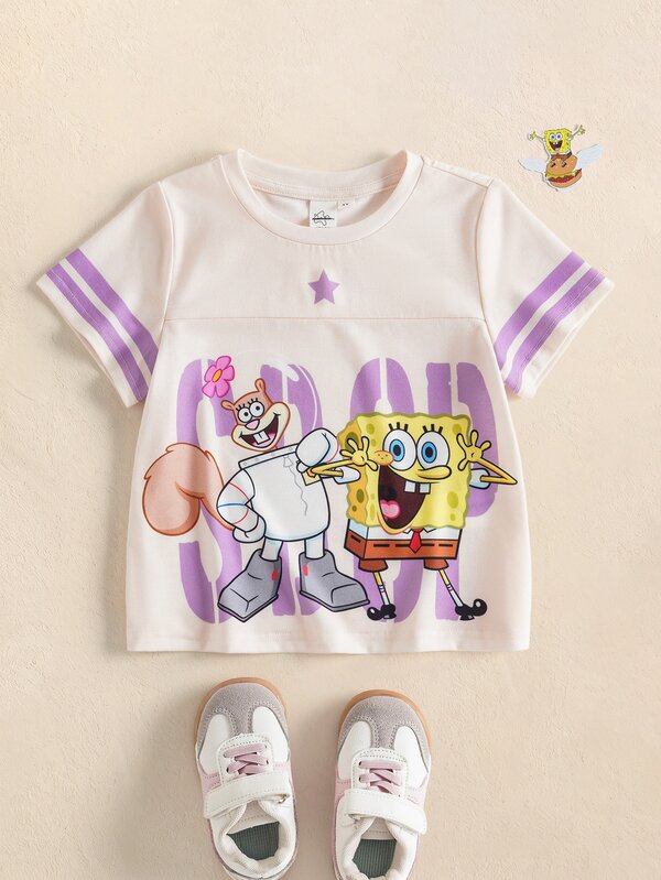 SpongeBob SquarePants | SHEIN Young Girl Letter Cartoon Print Casual Daily Short Sleeve T-Shirt