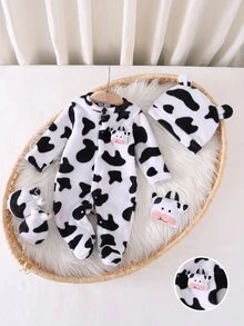 SHEIN Vintaside Kids 1套新生兒圓領長袖上衣與長褲舒適毛絨黑白奶牛印花秋冬睡衣，舒適休閒可愛居家服 - 黑與白 - 查看 5