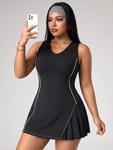 Gameset SHEIN Sport Gaun Olahraga Kasual Sehari-hari Wanita Ukuran Plus dengan Motif Blok Warna - Hitam - View 3