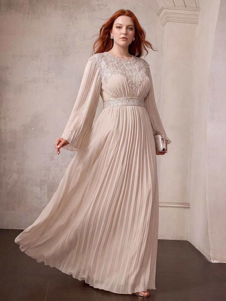 MOTF PLUS WOMEN'S ELEGANT LONG FLARED SLEEVES MAXI PARTY GOWN WITH PLEATED CHIFFON FOR WEDDINGS, GALAS