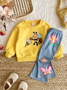 LMoss Kids 女嬰針織可愛卡通蜜蜂圖案圓領運動衫與喇叭褲 2 件套 - 彩色 - 查看 5