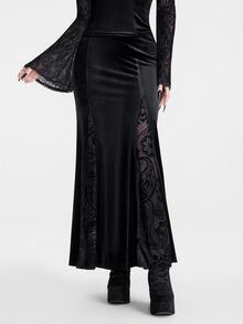 Breakform Gothic Goth Elegant Style Black Flocked Bat Cutout Women's Fashion Mesh Patchwork Elastic Waist Fitted Midi Skirt Halloween Party Autumn - Black - View 6