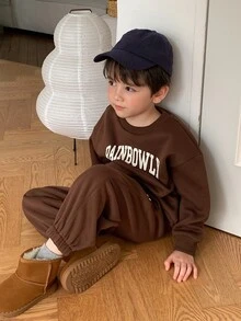 Dazy Kids Young Boy Coffee-Colored Knit Letter Print Sweatshirt And Sweatpants Set Hoodies - Coffee Brown - View 2