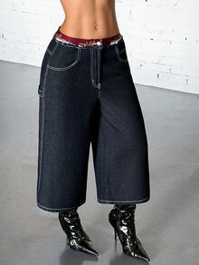 Jeanoix Women's Low Waist Cropped Wide Leg Denim Jeans - Blue - View 4