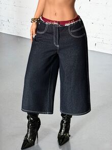 Jeanoix Women's Low Waist Cropped Wide Leg Denim Jeans - Blue - View 6