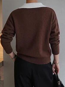 DAZY 女款領口條紋套頭短袖針織衫 - 咖啡棕 - 查看 4