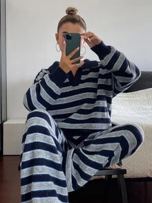 DAZY Women's Drop Shoulder Long Sleeve Sweater And Pants Striped Casual Two Pieces Set - Royal Blue - View 7