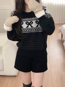 DAZY Women's Round Neck Bowknot Korean Style Long Sleeve Colorblock Autumn/Winter Sweater - Black - View 3