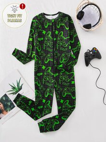 Boys' Game Console Neon Colorful Pattern Front Zipper Long Sleeve Long Jumpsuit Snug Fit Loungewear - Multicolor - View 3