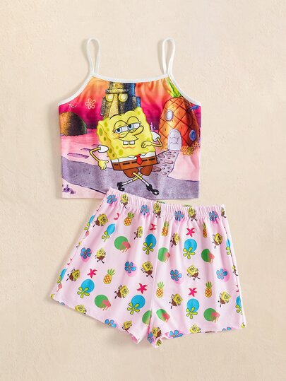SpongeBob SquarePants | SHEIN Set Kasual Atasan Camisole dan Celana Pendek untuk Anak Perempuan Remaja