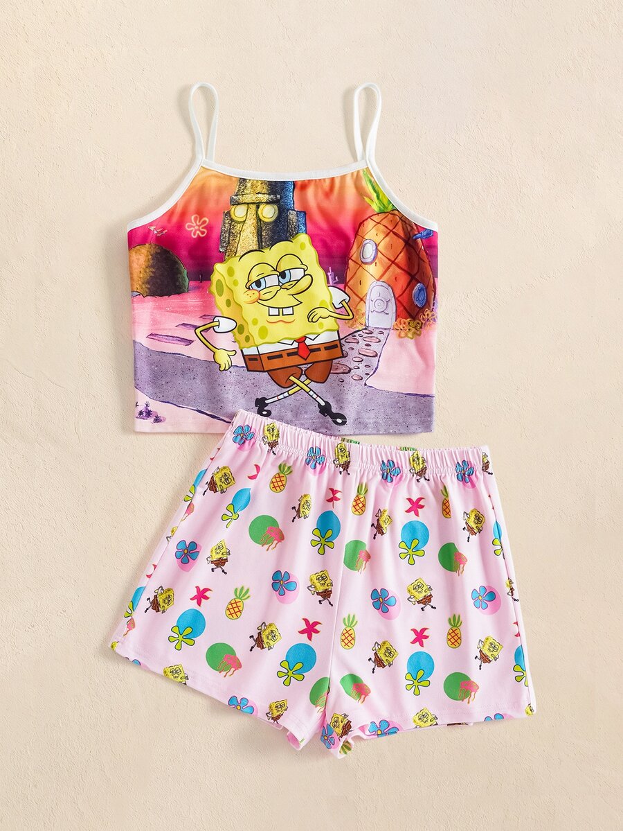 SpongeBob SquarePants | SHEIN Tween Girl Camisole Top And Shorts Casual Set - Pink - View 1