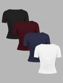 SHEIN EZwear 4件裝休閒極簡純色女款短袖T恤 - 彩色 - 查看 2