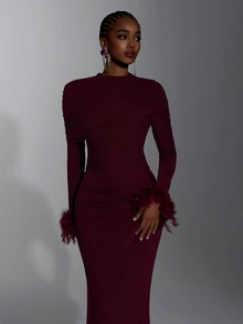 Elitara New Elegant Angora Red Mesh Long Sleeve Fluffy Ruched Fitted Bodycon Maxi Dress For Women, Wedding, Formal Occasions, Bridesmaid Dress - Burgundy - View 3