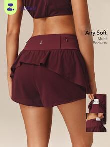 OutZeal Women Sports Shorts Summer Running Gym Workout High Waist Ruffled Hem With Zip Pocket - Burgundy - View 9