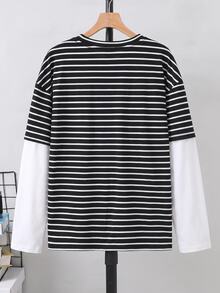 SHEIN 青少年男孩休閒舒適百搭條紋拼接袖長袖上衣 - 黑與白 - 查看 2