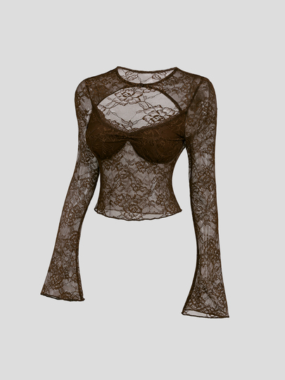 Sweetra Women's New Long Sleeve Lace Hollow Out Top, Slim Fit Sexy Minimalist Sexy Style, Suitable For Outings, Gatherings, Parties, Dates, Inner Layer, Base Layer T-Shirt, Spring Summer Autumn Winter