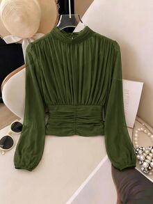 SHEIN Clasi 女款純色百褶立領長袖時尚襯衫 - 軍綠色 - 查看 3