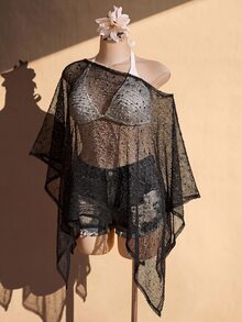SHEIN ICON 女款大尺碼春夏網紗鏤空杏色上衣 - 黑色 - 查看 7