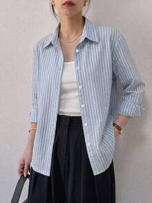 DAZY 女款休閒通勤條紋長袖襯衫 - 藍色 - 查看 6
