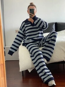 DAZY Women's Drop Shoulder Long Sleeve Sweater And Pants Striped Casual Two Pieces Set - Royal Blue - View 4