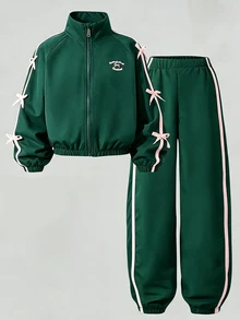 SHEIN 青少年女孩秋季休閒百搭極簡夾克套裝，胸前粉色字母刺繡，袖子與褲子側面飾有粉色蝴蝶結緞帶 - 墨綠色 - 查看 3
