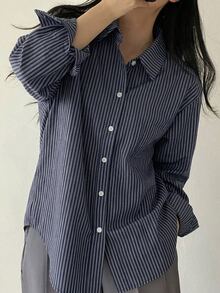 DAZY 女款休閒通勤條紋襯衫 秋季 - 藏蓝色 - 查看 2