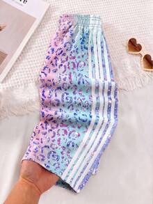 Girls Y2K Macaron Sweet Cool Style Leopard Print Straight Leg Pants With Side Stripes, Colorful Leopard Print Pattern Long Pants, Rainbow Elastic Waist Sports Pants - Multicolor - View 2
